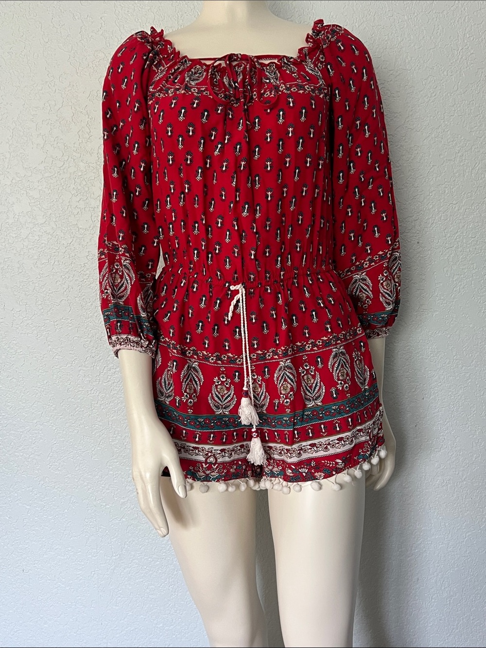 Boho Peasant Romper Tassel Pom Pom Off Shoulder Festival Band Of Gypsies Sz Sm